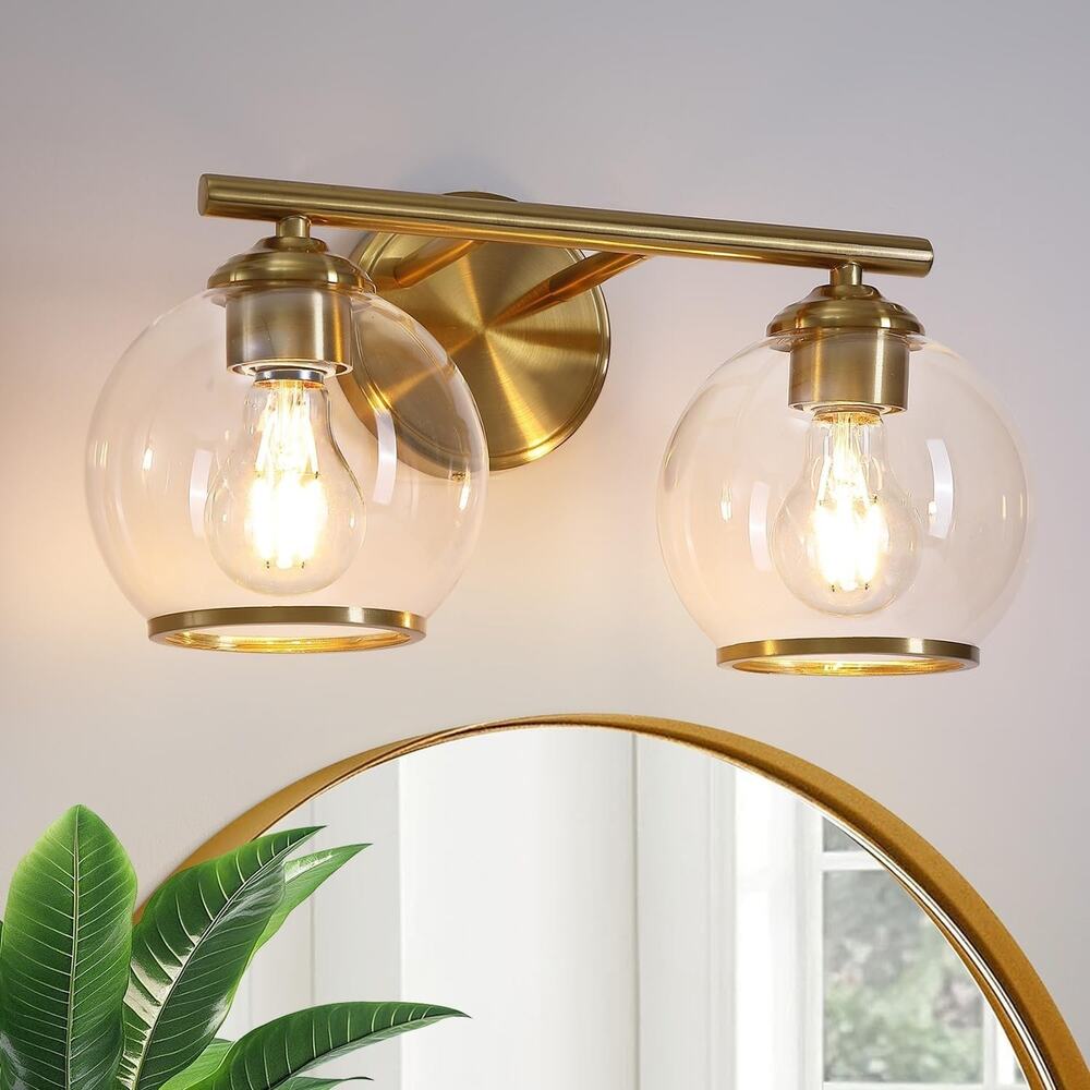 Brushed Gold 2-Light Bathroom Vanity Light Clear Glass Globe Wall Fixture